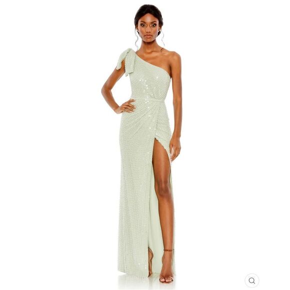 Mac Duggal 93735 Womens Green PEARL EMBELLISHED SOFT TIE ONE SHOULDER GOWN - Picture 3 of 16